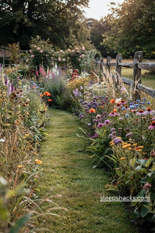 Wildlife friendly backyard meadow with native grasses poppies cornflowers and butterflies