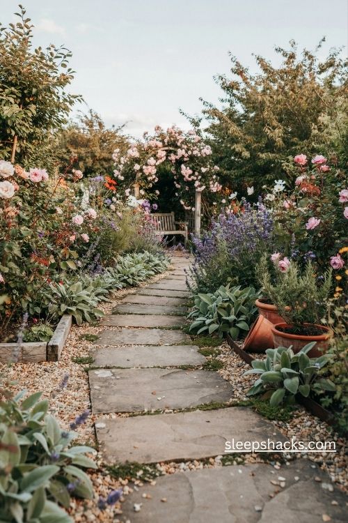 Winding garden path with natural stepping stones creeping thyme and lush cottage flowers