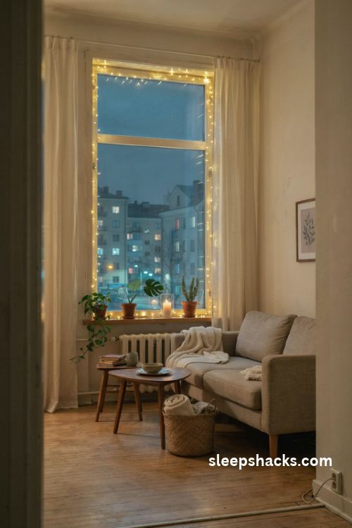 Window frame outlined with warm white fairy lights and small plants in a cozy city apartment living room