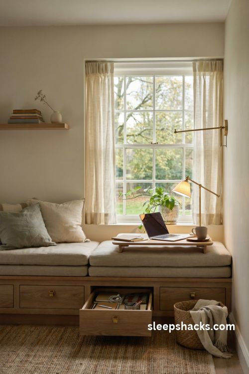 Window seat work nook with a cushioned built in bench storage drawers and cozy home office decor
