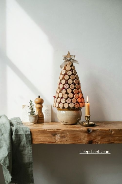 Wine cork mini christmas tree with rustic handmade holiday decor 