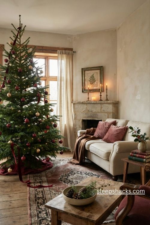 Wine red and mulberry christmas decor with velvet ribbons burgundy ornaments and antique gold accents