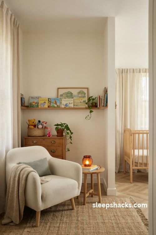 Winnie the pooh nursery with a front facing bookshelf and cozy storybook reading nook