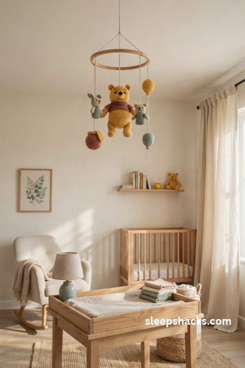 Winnie the pooh nursery with a handmade knitted character mobile in soft woodland colors