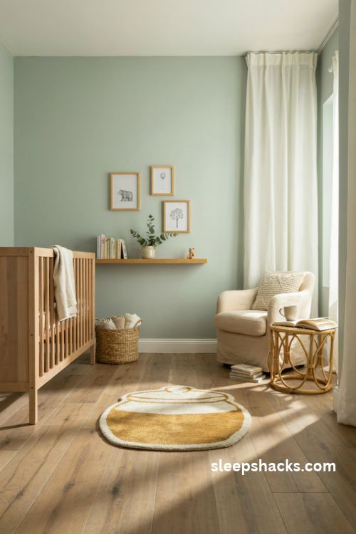 Winnie the pooh nursery with a honey pot shaped rug and cozy storybook decor