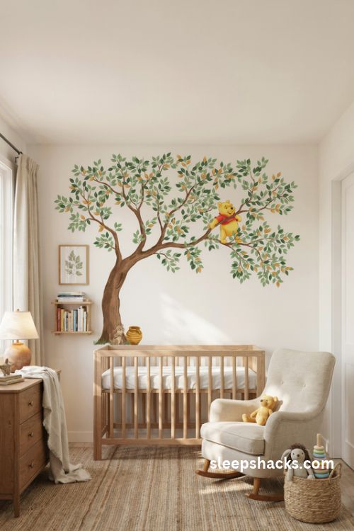 Winnie the pooh nursery with a hundred acre wood tree wall decal in sage and honey