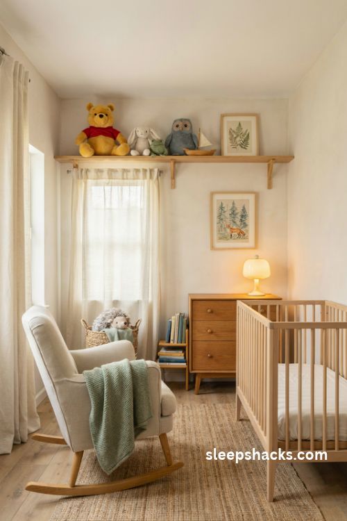 Winnie the pooh nursery with a plush friends display shelf and cozy woodland decor