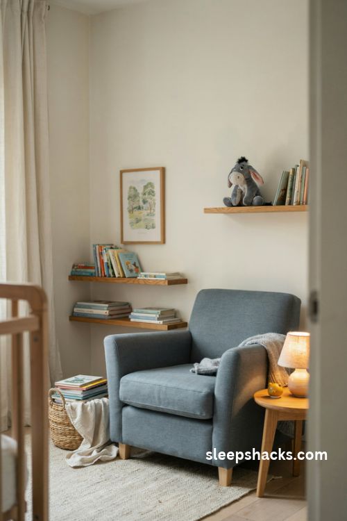 Winnie the pooh nursery with an Eeyore inspired slate blue reading nook