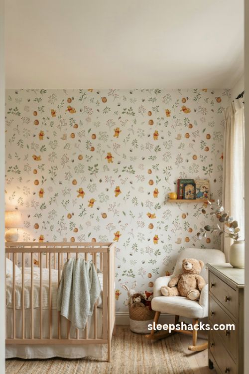 Winnie the pooh nursery with classic peel and stick wallpaper in soft sage and honey tones
