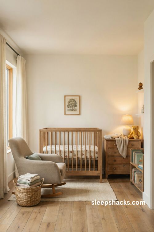 Winnie the pooh nursery with cream and sage crib bedding and subtle honey pot prints