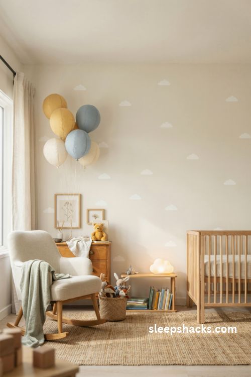 Winnie the pooh nursery with honey yellow balloons and soft blue cloud decor