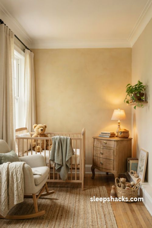 Winnie the pooh nursery with honey yellow walls and soft sage green accents