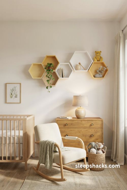 Winnie the pooh nursery with honeycomb hexagon shelves in soft yellow and natural wood