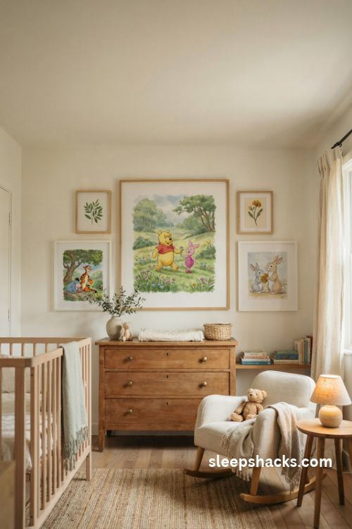 Winnie the pooh nursery with vintage watercolor storybook prints in light wood frames