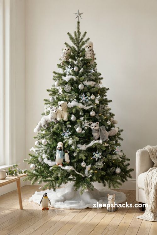 Winter animals Christmas tree with frosted branches and Arctic animal ornaments