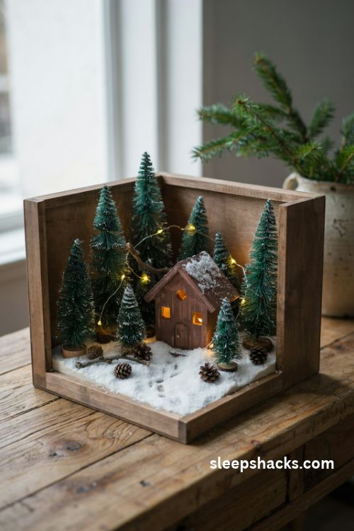 Winter cabin Christmas diorama with snowy evergreens, tiny glowing windows, and miniature footprints in the snow