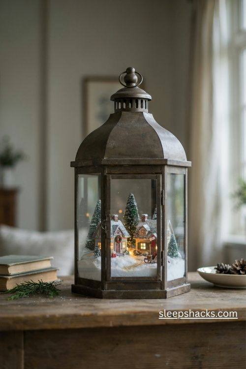 Winter village scene lantern with glowing miniature Christmas houses and snowy trees on a rustic sideboard