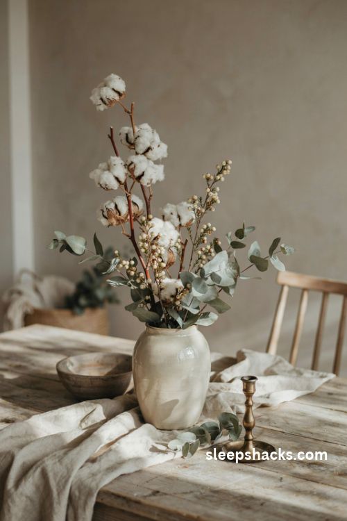 Winter white Christmas vase with fluffy cotton stems white berries and eucalyptus