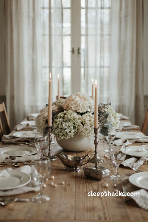Winter white hydrangea centerpiece with silver brunia pearl accents and elegant Christmas candlelight