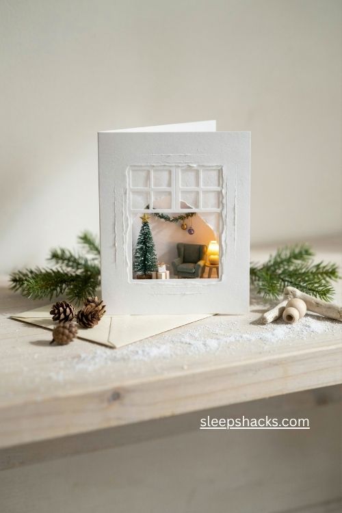 Winter window scene die cut Christmas card with cozy interior peek