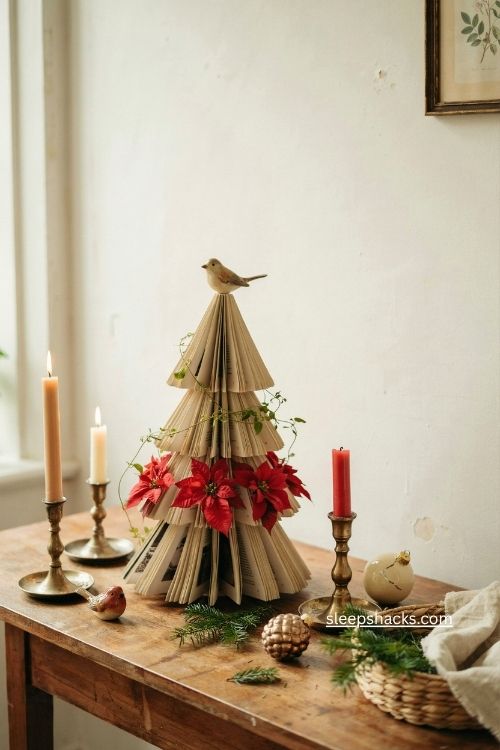 Wire vines poinsettias and bird topper on a gold magazine christmas tree 