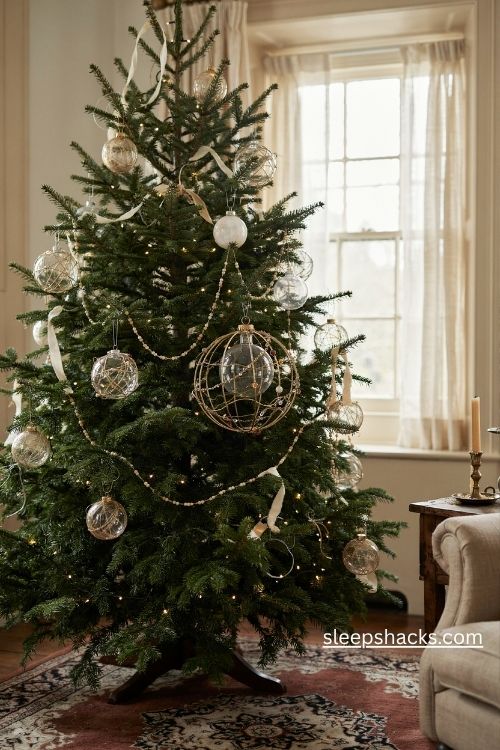 Wire wrapped glass Christmas ornaments with delicate gold and silver spiral cages and vintage Victorian tree decorations