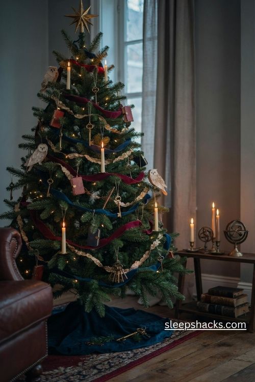 Wizard school christmas tree with golden keys floating candles burgundy ribbon and midnight blue ornaments