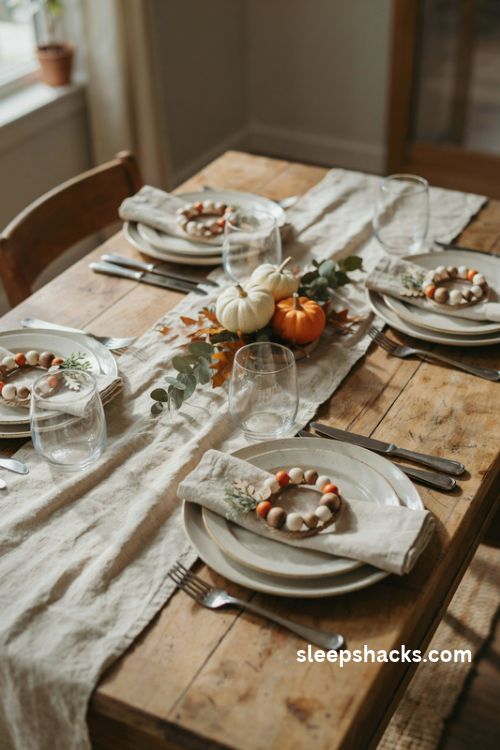 Wood bead napkin rings with twine cream beads and autumn greenery on a rustic farmhouse Thanksgiving table