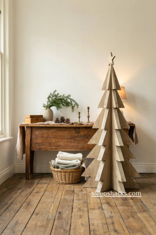 Wood christmas tree with rustic farmhouse charm and cozy neutral holiday decor 