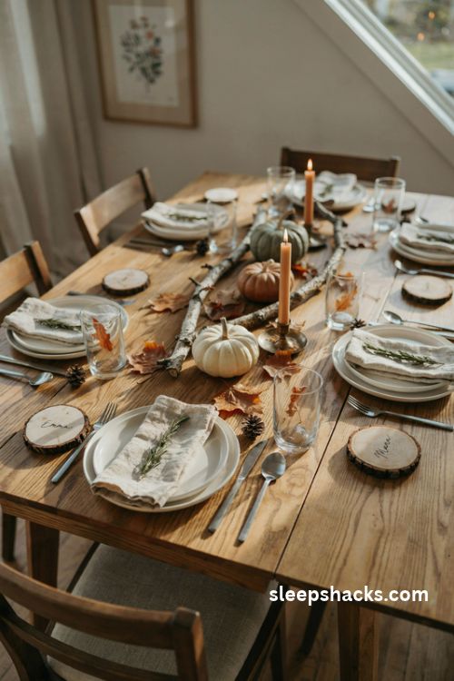 Wood slice place cards with rosemary sprigs for rustic Thanksgiving table settings