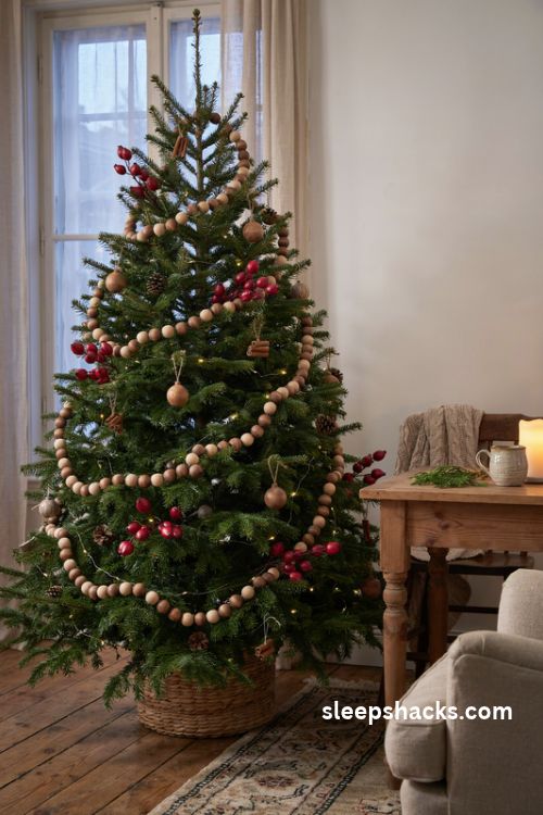 Wooden bead garland and matte red berry picks on a cozy rustic Christmas tree