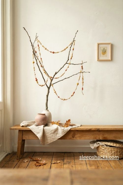 Wooden bead garland tree with terracotta accents and minimalist fall decor