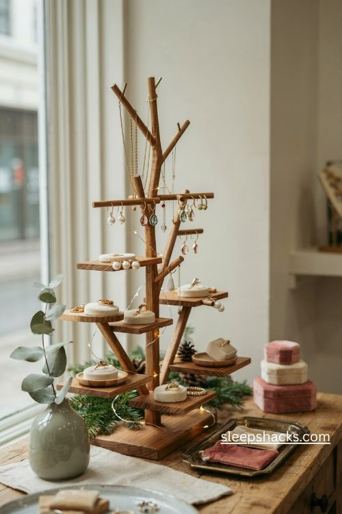 Wooden boutique jewelry display tree with organized earrings necklaces rings and festive greenery