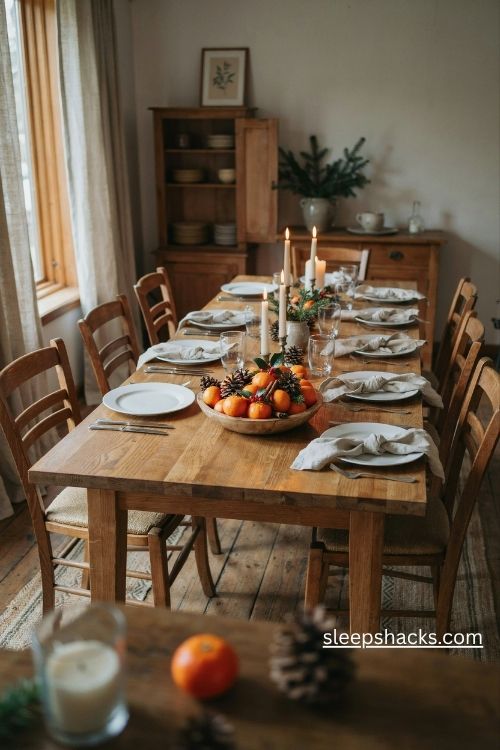 Wooden bowl of clementines and pinecones for a natural rustic christmas dinner table