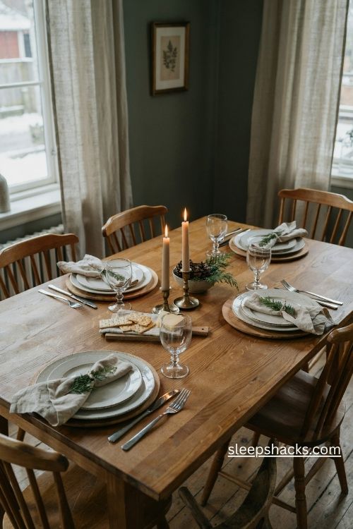 Wooden chargers with cream christmas plates linen napkins and natural farmhouse table decor