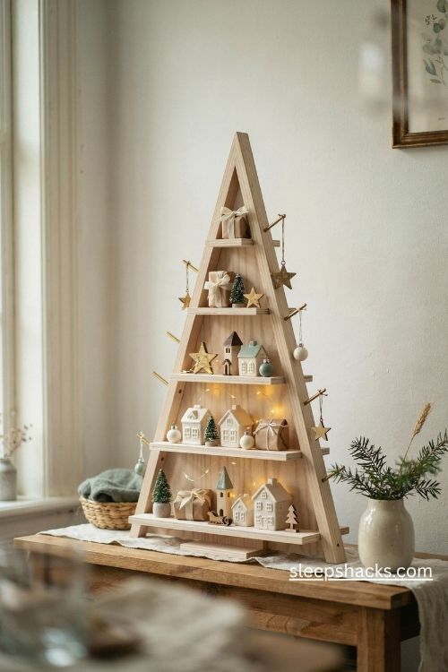 Wooden christmas tree with built in shelves for miniature ornaments and tiny holiday treasures 