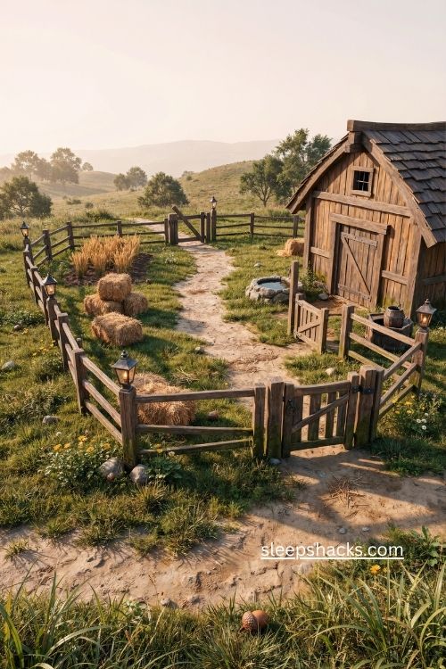 Wooden farm pen Minecraft fence ideas with hay bales and lanterns