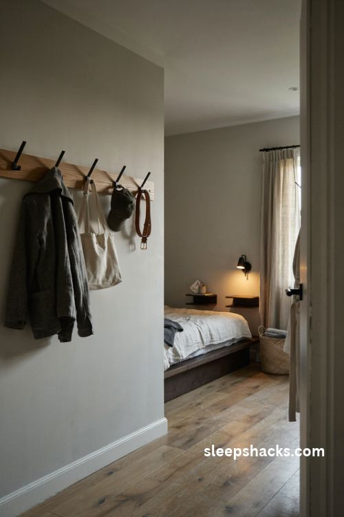 Wooden peg rail with black hooks for jackets bags and hats in a small men's bedroom