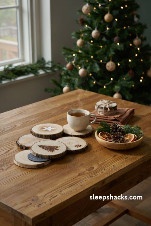 Wooden slice Christmas coasters with natural bark edges and rustic painted stars