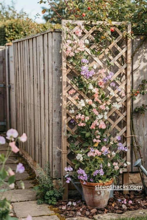 Wooden trellis with climbing flowers and cottage garden blooms along a small fence