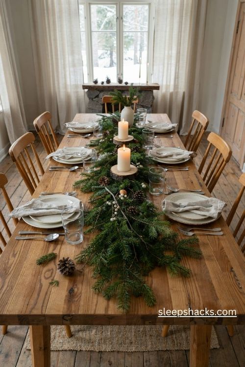 Woodland Christmas table setup with fresh pine branches pinecones wooden candle holders and cream stoneware