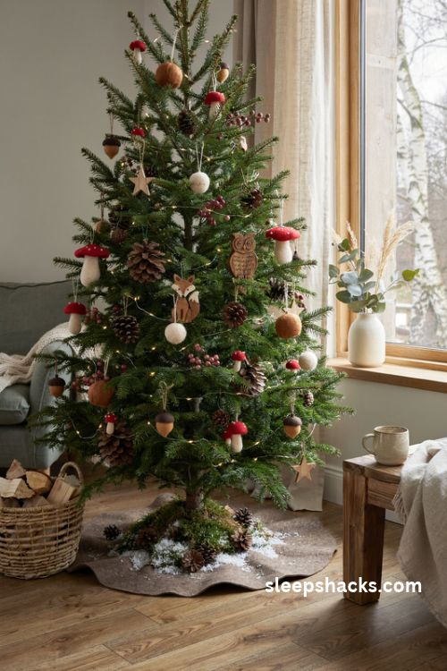Woodland Christmas tree with red mushroom ornaments felt acorns pinecones and wooden forest animals