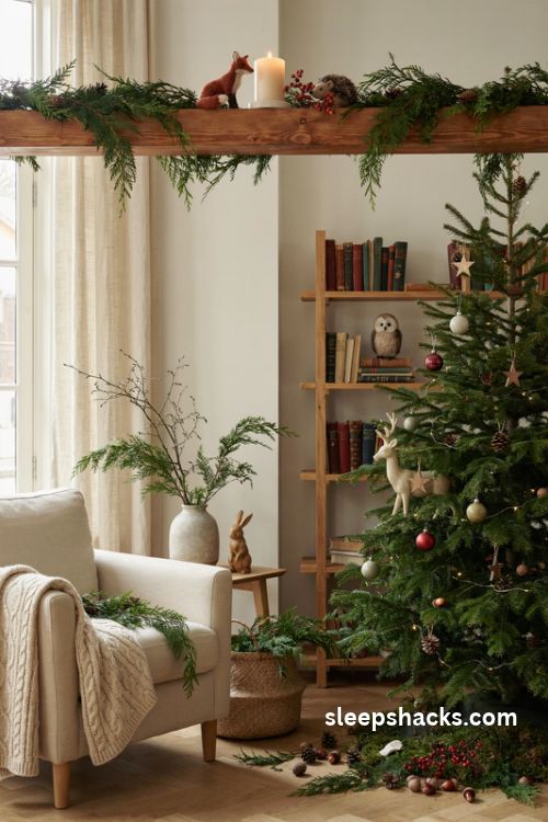Woodland animal Christmas decor with tiny foxes owls deer and hedgehogs nestled in natural evergreen garlands