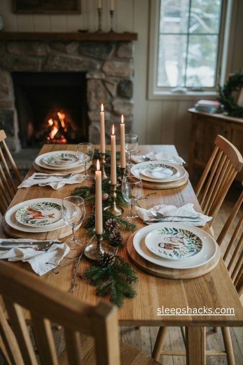 Woodland animal christmas plates with hand painted reindeer foxes and rustic wooden chargers