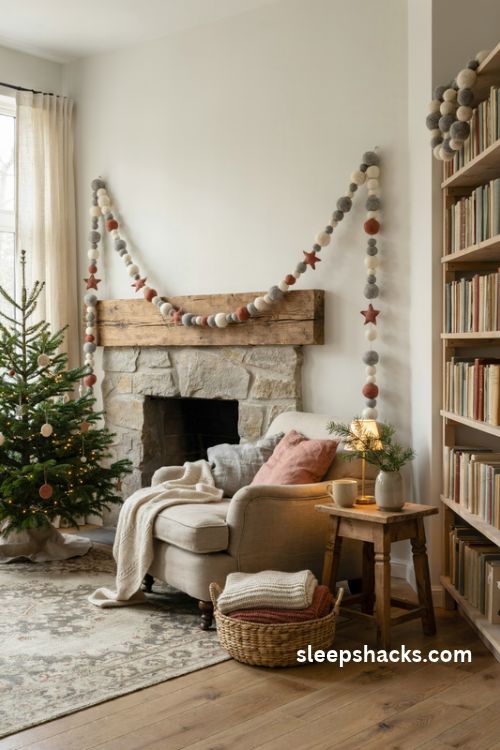 Wool and felt christmas garlands in cream gray and terracotta for a cozy cottage mantel