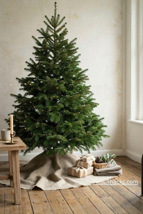 Wool christmas tree skirt in thick oatmeal herringbone fabric with natural folds beneath a cozy evergreen tree