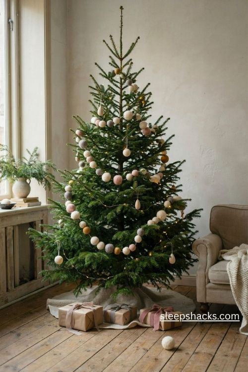 Wool felt ball christmas garland in cream blush gray and mustard draped in soft loops around a green tree