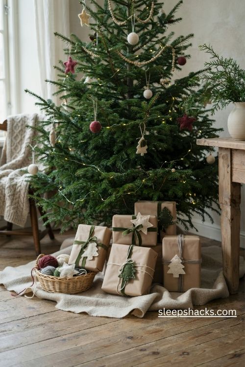 Wool gift tags and natural christmas wrapping with kraft paper packages felt stars and soft yarn ribbons