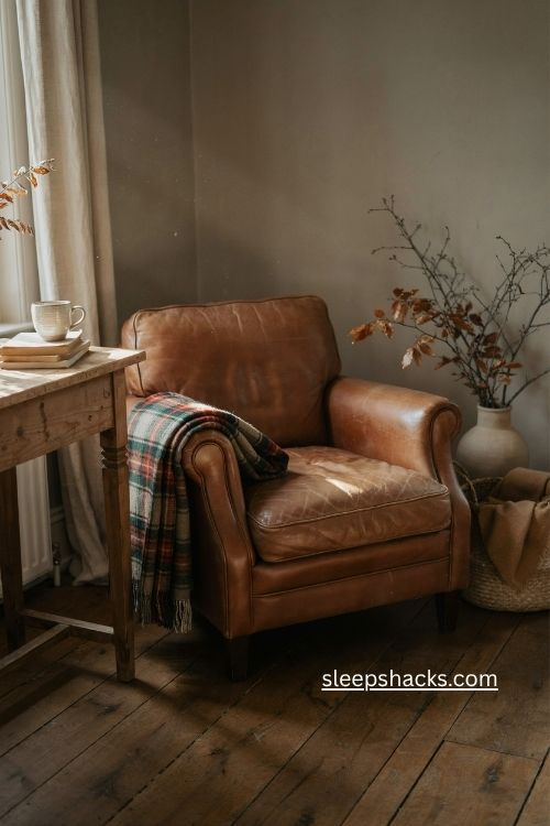 Wool plaid tartan blanket with fringe on leather chair cozy fall decor
