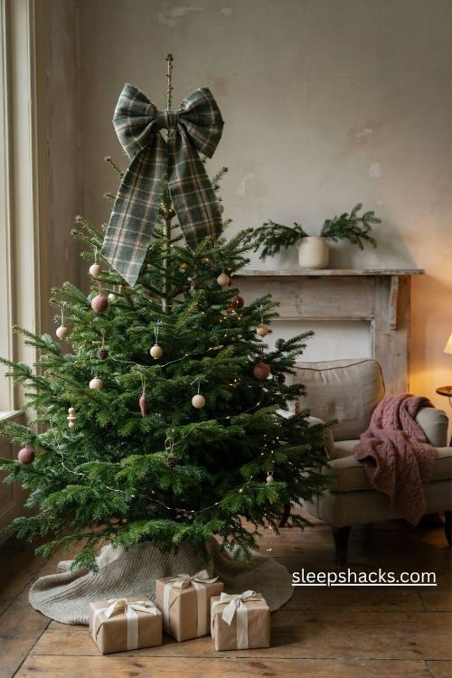 Wool ribbon and plaid bow christmas tree topper with trailing fabric tails and fresh pine branches